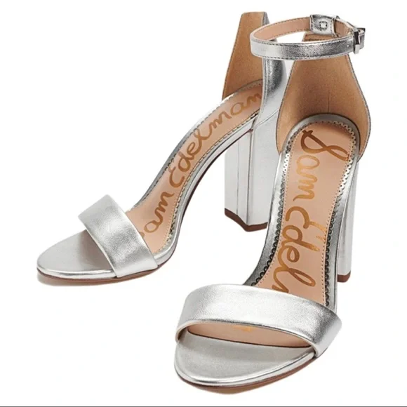 SAM EDELMAN Yaro Block Heel 4” Leather Sandal Silver Shimmer Metallic Size 8.5 - Picture 7 of 14